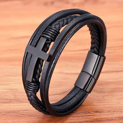 Cross Leather Bracelet - Starlight Mill200001034:5740#Black;200000639:2831