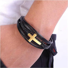 Cross Leather Bracelet - Starlight Mill200001034:5740#Black;200000639:201452416