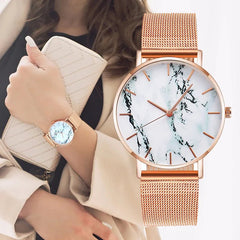 Luxury Rose Gold Mesh Band Marble Women's Wrist Watch - Starlight Mill18777_IG5EGYC